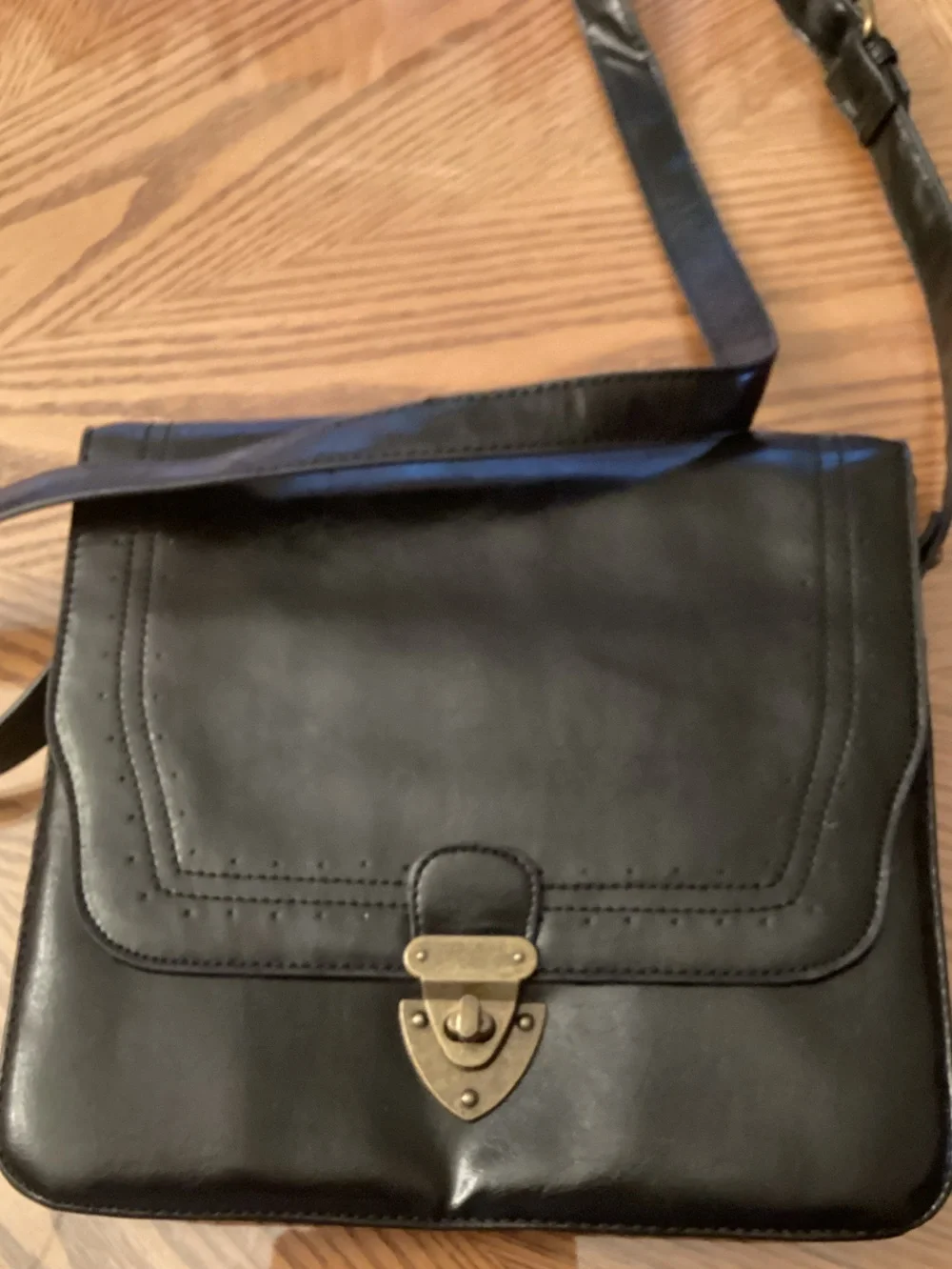 Steve Madden Black Leather Messenger Bag with Brass Lock